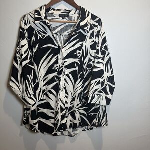 Rachel Zoe Linen Blend Tropical Black White Long Sleeve Button Shirt Women's 1X